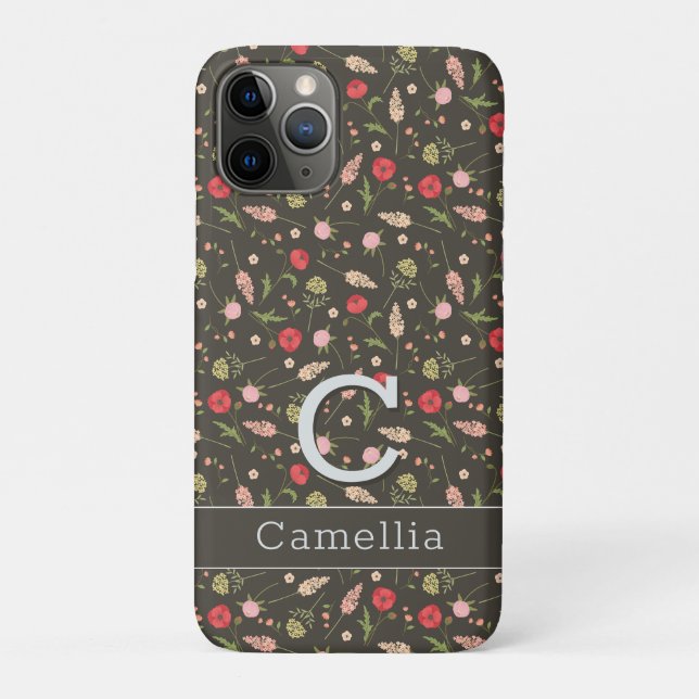 Black Red Pink Floral Minimal Elegant Pattern Name Case-Mate iPhone Case (Back)