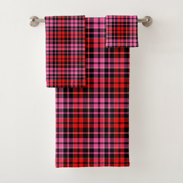 Black Red Pink Plaid Tartan Design  Bath Towel Set (Insitu)