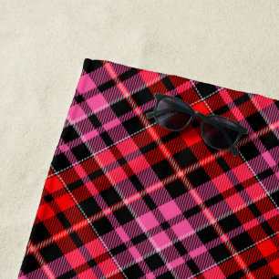 Black Red Pink Plaid Tartan Design Beach Towel