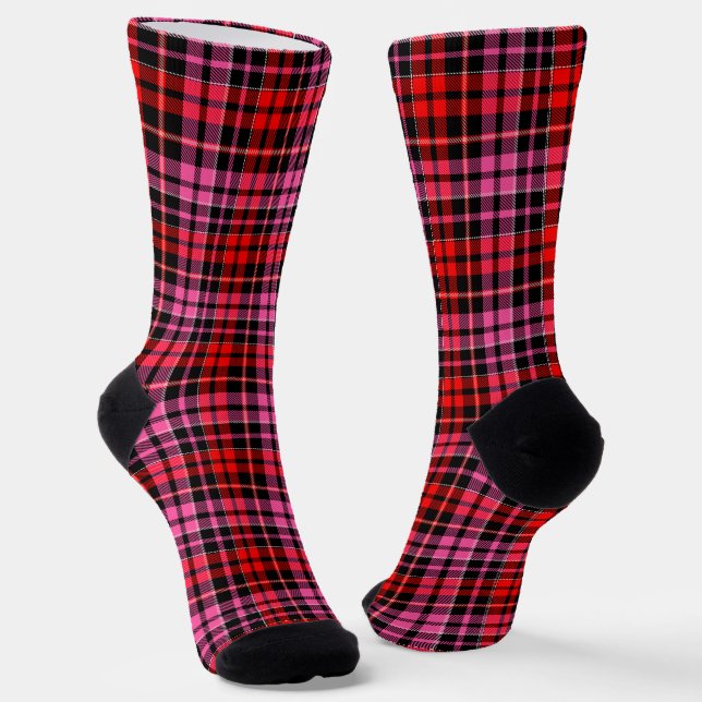 Black Red Pink Plaid Tartan Design  Socks (Angled)
