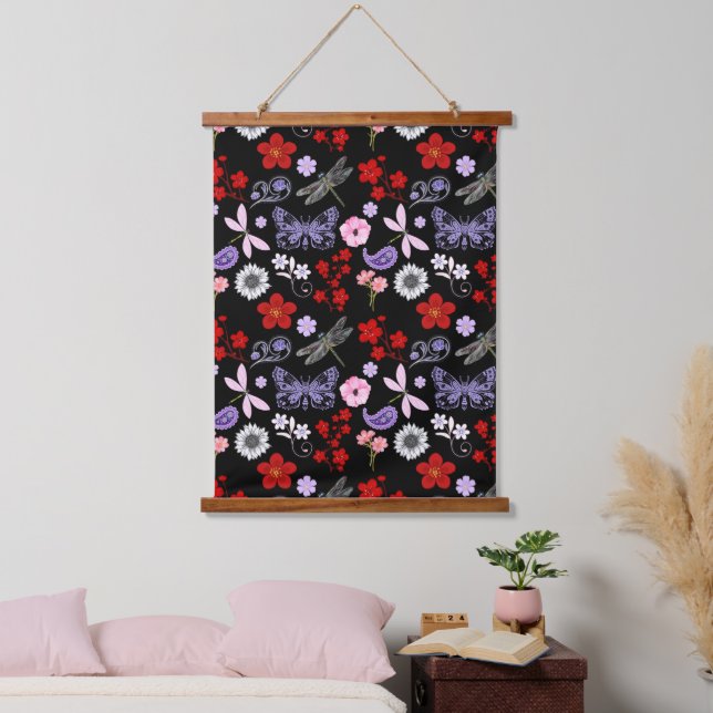 Black, Red, Pink, Purple, Dragonflies Butterfly Hanging Tapestry (Bedroom)