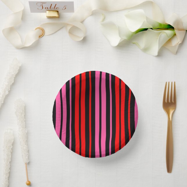 Black Red Pink Vertical Stripes Design Classic  Paper Plate (Wedding)