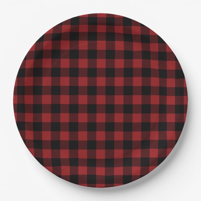 Black Red Plaid Check Paper Plates (Front)