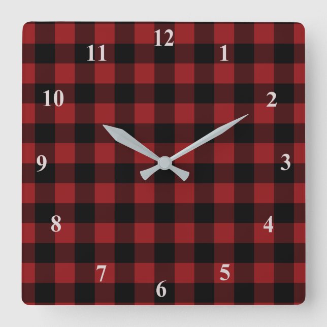 Black Red Plaid Check Wall Clock (Front)