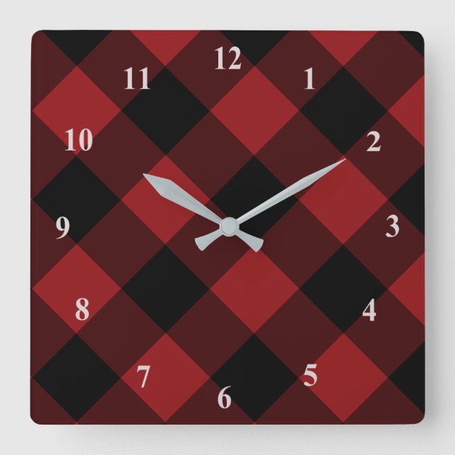 Black & Red Plaid Checked - Beautiful - Square Wall Clock (Front)