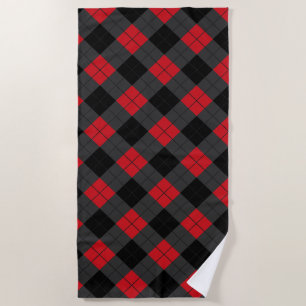 Black Red Plaid Checked Pattern Beach Towel