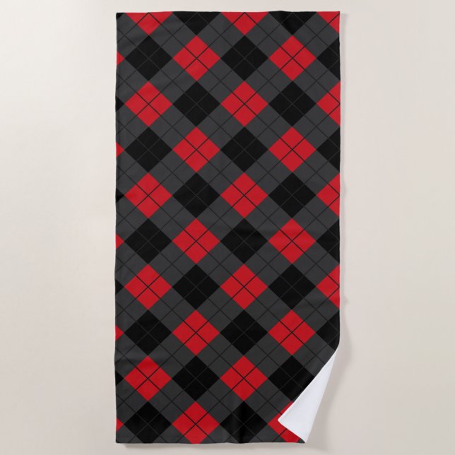 Black Red Plaid Checked Pattern Beach Towel (Front)