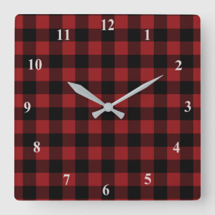 Black & Red Plaid Checked Square Wall Clock