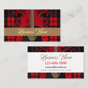 Black Red Plaid Guitar Music Notes Rustic Design Business Card
