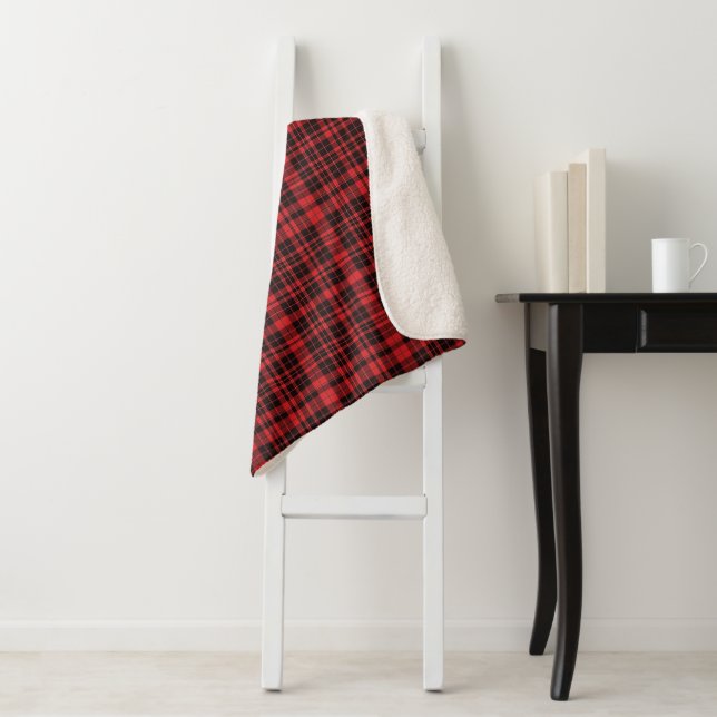 Black Red Plaid Tartan Pattern Chequered Sherpa Blanket (In Situ)