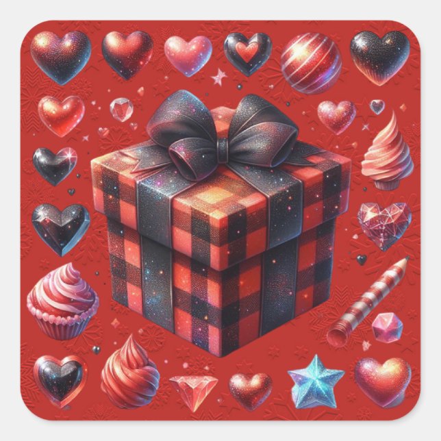  Black Red Plaid Valentine Hearts and Sweets Square Sticker (Front)