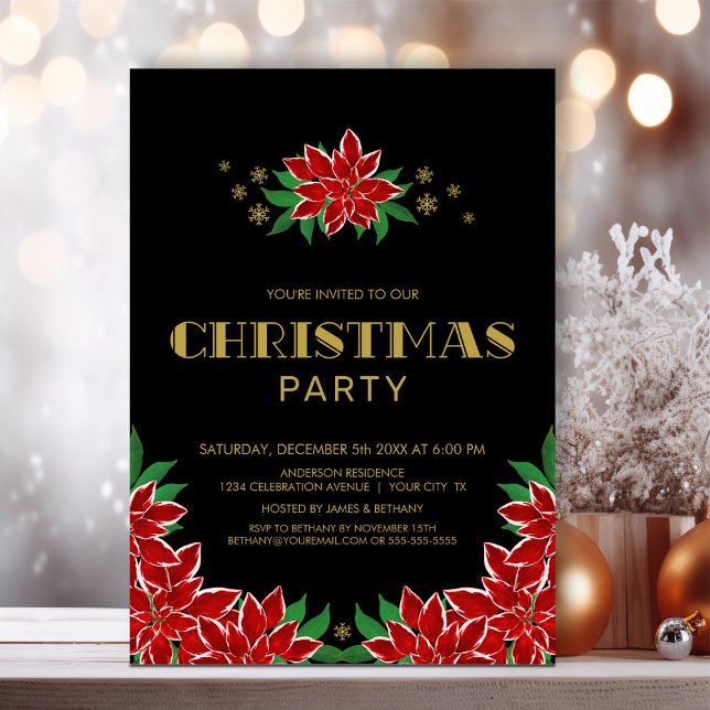 Black Red Poinsettia Christmas Party Invitation (Creator Uploaded)