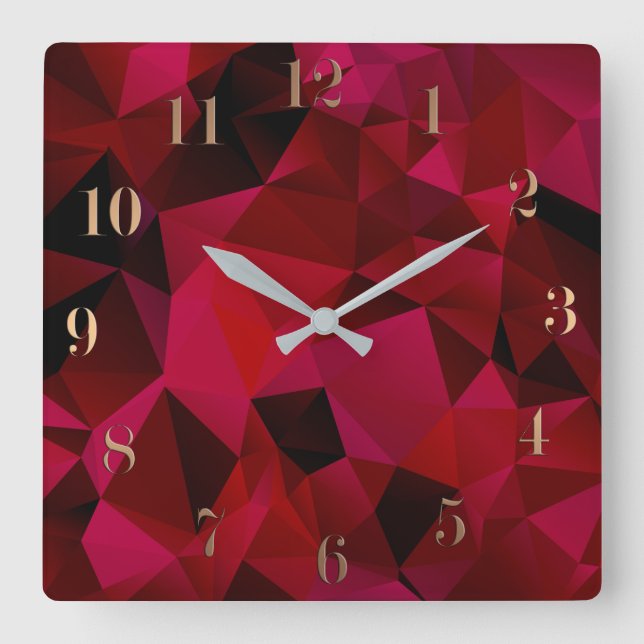 Black red, polygonal square wall clock (Front)