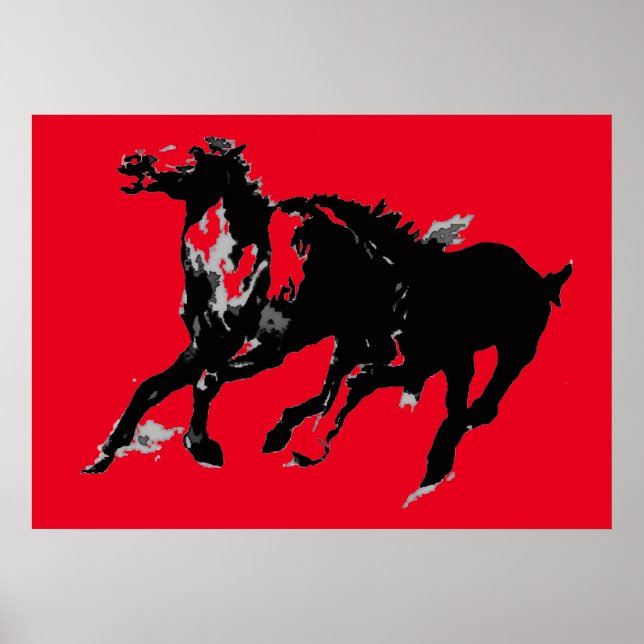Black Red Pop Art Running Horses Silhouettes Poster (Front)