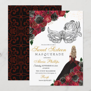Black Red Princess Tiara Masquerade Sweet 16 Invitation