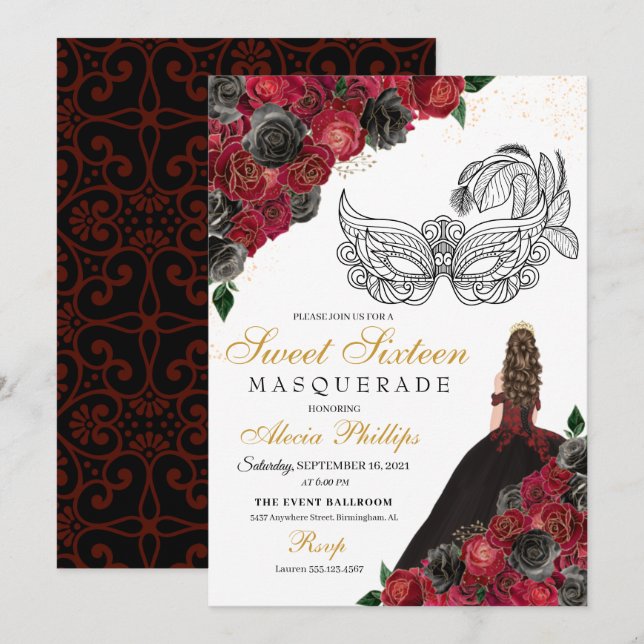 Black Red Princess Tiara Masquerade Sweet 16 Invitation (Front/Back)