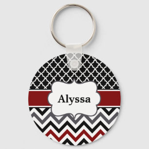 Black Red Quatrefoil Chevron Personalised Key Ring