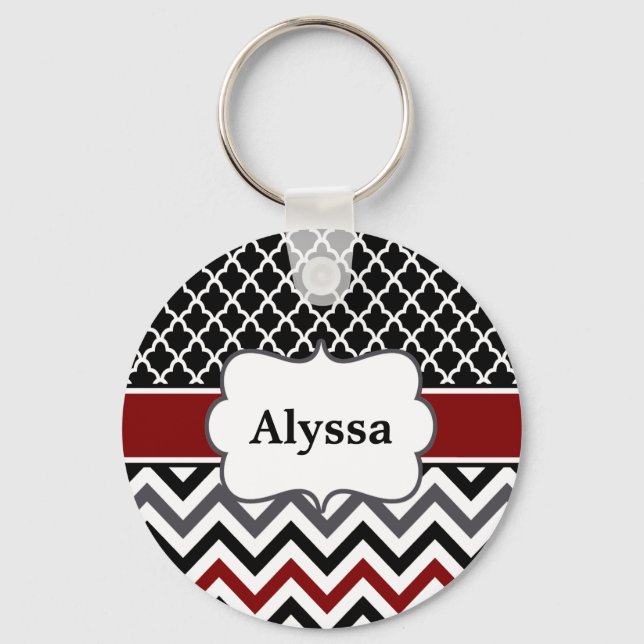 Black Red Quatrefoil Chevron Personalised Key Ring (Front)