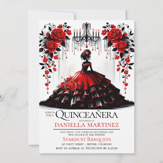 Black & Red Quinceañera Girl Invitation (Front)