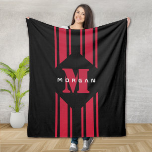 Black Red Racing Car Stripe Monogram Fleece Blanket