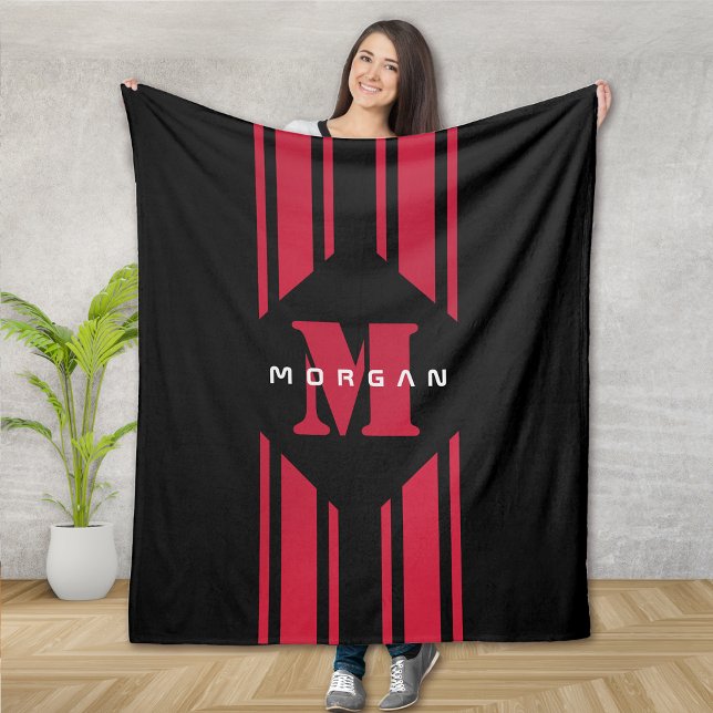 Black Red Racing Car Stripe Monogram Fleece Blanket (Creator Uploaded)