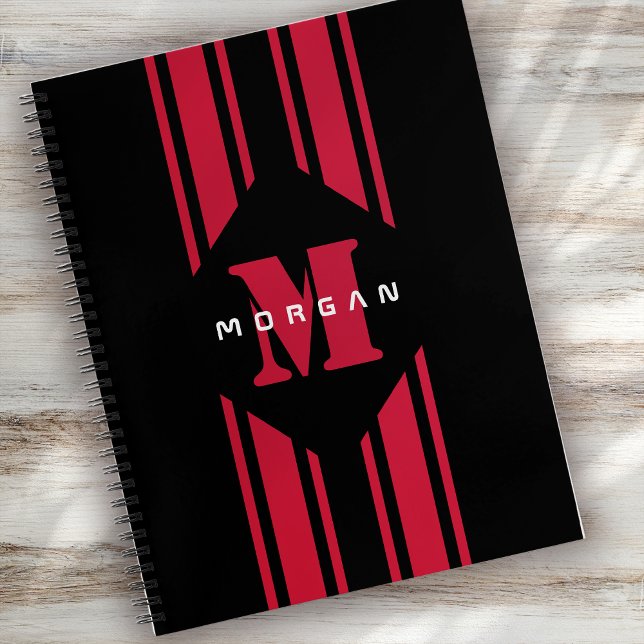 Black Red Racing Car Stripe Monogram Notebook (Creator Uploaded)