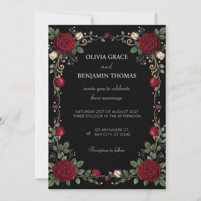 Black Red Rose Border Wedding Invitation (Front)