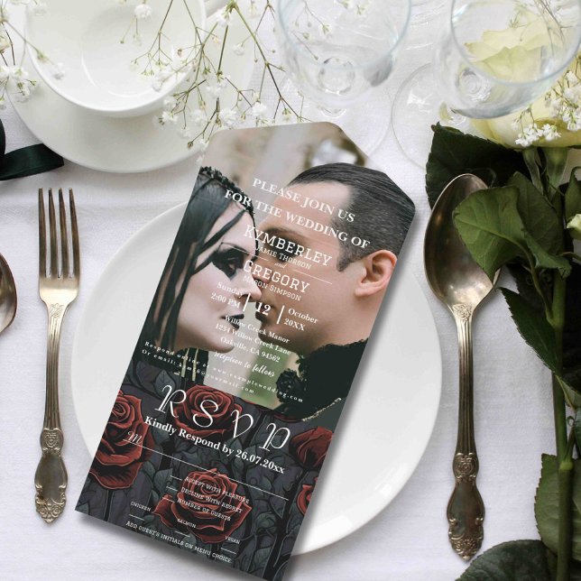 Black Red Rose Floral Background White Text Photo All In One Invitation (Creator Uploaded)