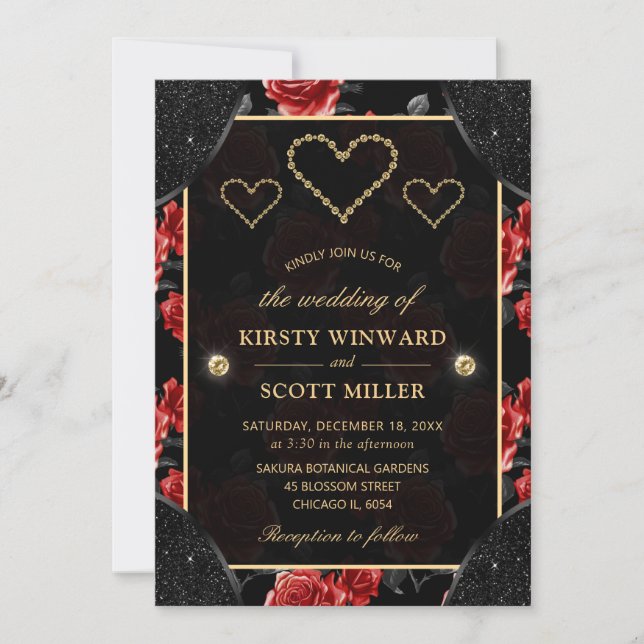 Black & Red Rose Pattern & Gold Diamonds Wedding Invitation (Front)