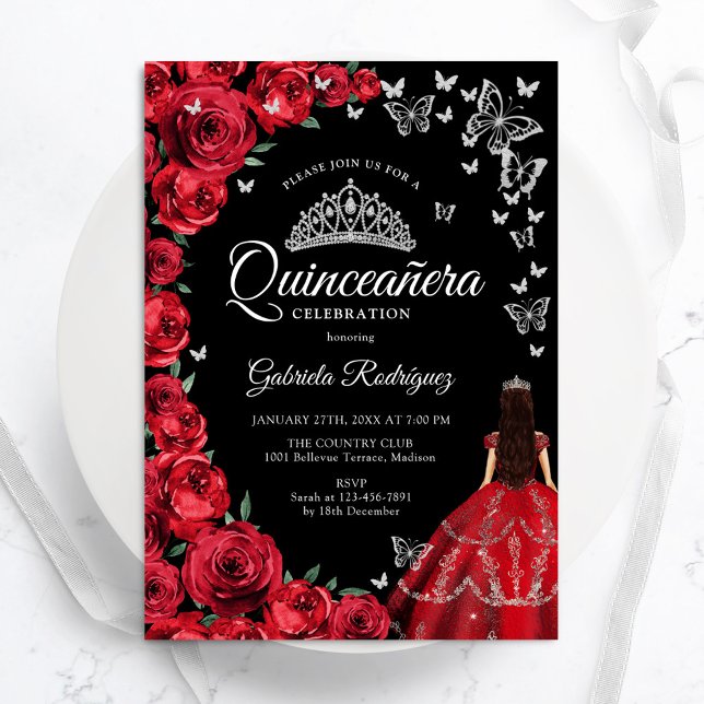 Black Red Roses Butterflies Quinceanera Invitation (Creator Uploaded)