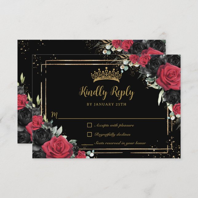 Black Red Roses Floral Gold Quinceañera Sweet 16 RSVP Card (Front/Back)