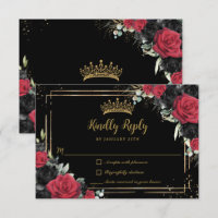 Black Red Roses Floral Gold Quinceañera Sweet 16