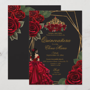 Black Red Roses Gold Princess Quinceañera Invitation