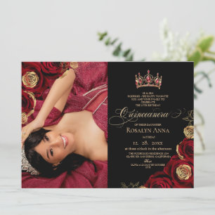 Black Red Roses Princess Quinceañera  Invitation