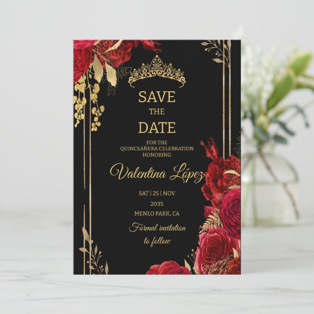 Black Red Roses Quinceañera Save the Date Invitation (Standing Front)