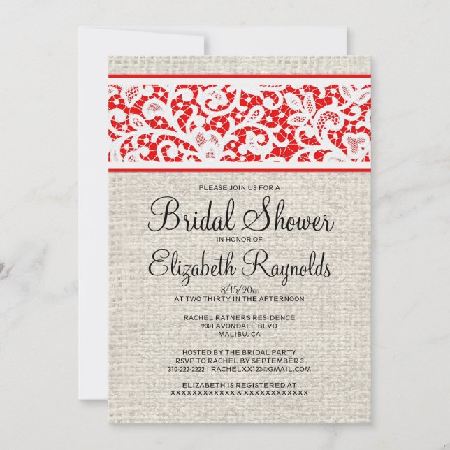 Black Red Rustic Burlap Linen Bridal Shower Invite (Front)
