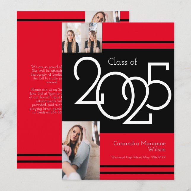 Black Red School Colors Graduation Announcement (Front/Back)