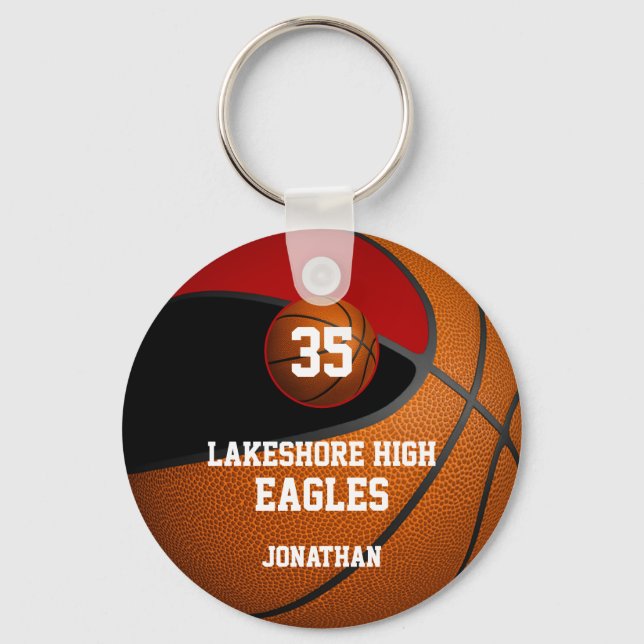 Black red school colours boys' basketball team key ring (Front)