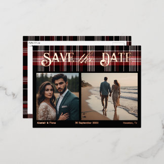Black & Red Scottish Tartan Save the Date Foil Invitation Postcard