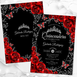 Black Red Silver Quinceanera Invitation