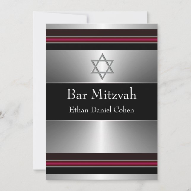 Black Red Silver Star of David Bar Mitzvah Invitation (Front)