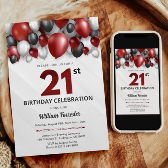 Black Red Silver & White 21st Birthday Invitation (Black Red Silver & White 21st Birthday Invitation)