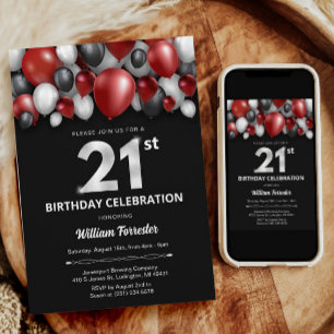 Black Red Silver & White 21st Birthday Invitation