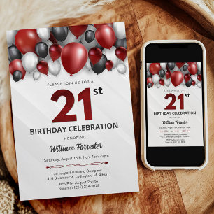 Black Red Silver & White 21st Birthday Invitation