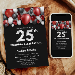 Black Red Silver & White 25th Birthday Invitation
