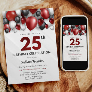 Black Red Silver & White 25th Birthday Invitation
