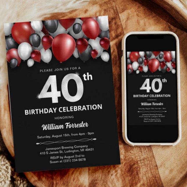 Black Red Silver & White 40th Birthday Invitation (Black Red Silver & White 40th Birthday Invitation)