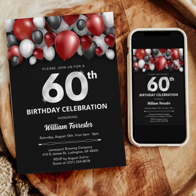 Black Red Silver & White 60th Birthday Invitation (Black Red Silver & White 60th Birthday Invitation)