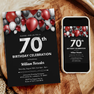 Black Red Silver & White 70th Birthday Invitation