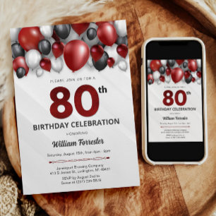 Black Red Silver & White 80th Birthday Invitation